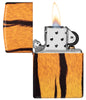 Tiger Print Designs 540 Color Windproof Lighter with its lid open and lit.