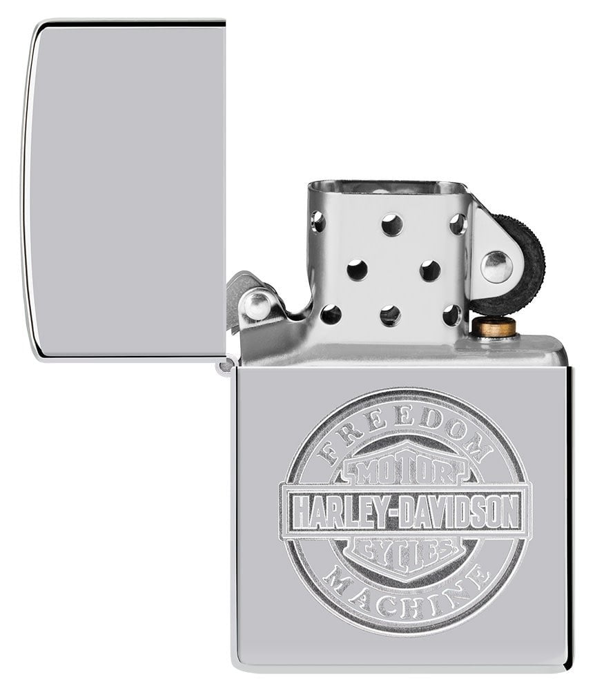 Harley-DavidsonÂ® Bar and Shield High Polish Chrome Windproof Lighter with its lid open and unlit.