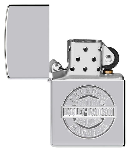 Harley-DavidsonÂ® Bar and Shield High Polish Chrome Windproof Lighter with its lid open and unlit.