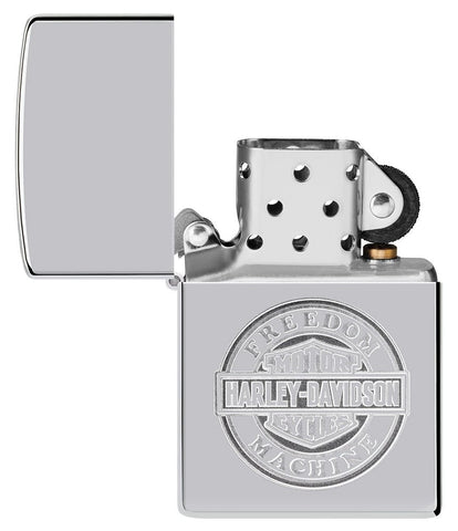 Harley-Davidson® Bar and Shield High Polish Chrome Windproof Lighter with its lid open and unlit.