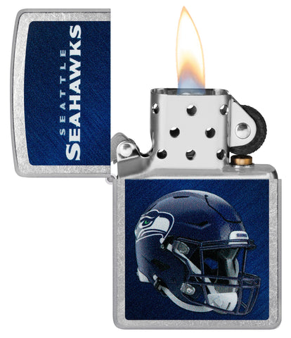 NFL Seattle Seahawks Helmet Street Chrome Windproof Lighter with its lid open and lit.