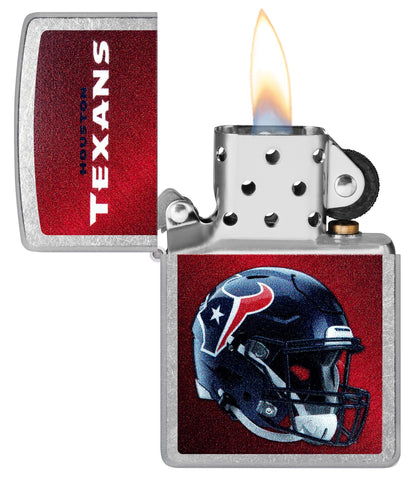 NFL Houston Texans Helmet Street Chrome Windproof Lighter with its lid open and lit.