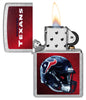 NFL Houston Texans Helmet Street Chrome Windproof Lighter with its lid open and lit.