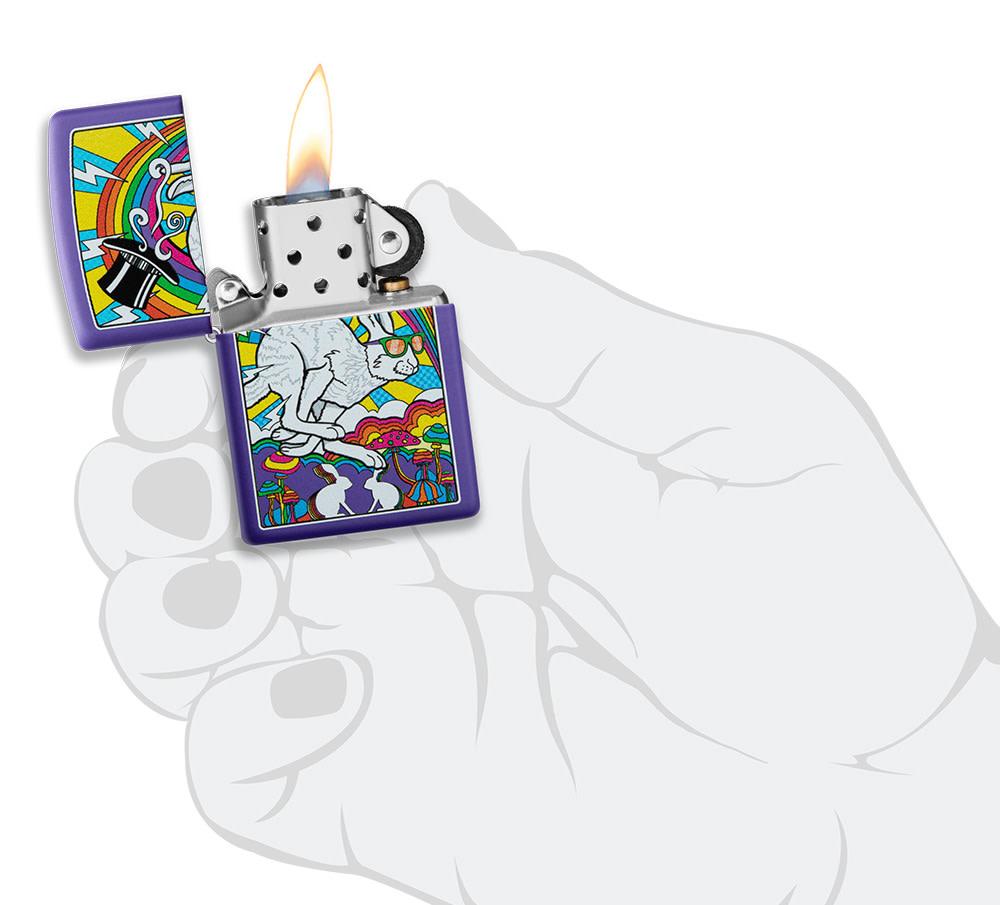 White Rabbit Design Purple Matte Windproof Lighter lit in hand.