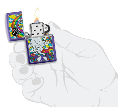 White Rabbit Design Purple Matte Windproof Lighter lit in hand.