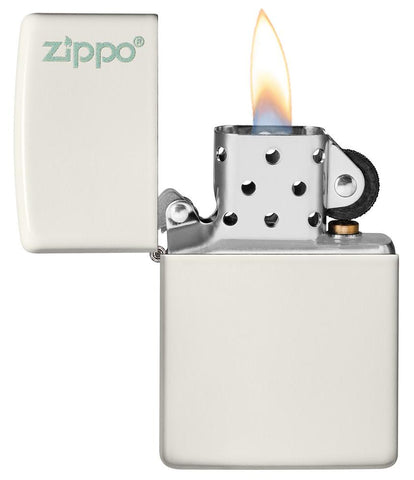 Classic Glow In The Dark Zippo Logo Windproof Lighter with its lid open and lit