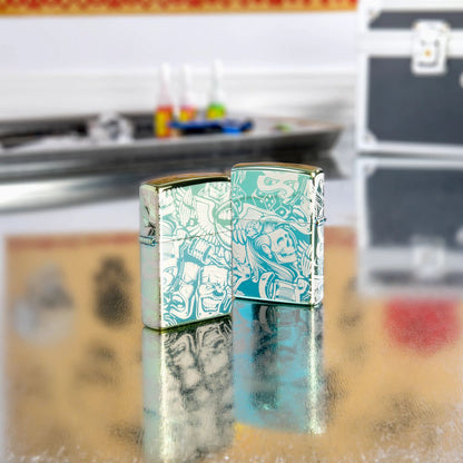 Lifestyle image of two Laser 360Â° Tattoo Theme Design High Polish Teal Windproof Lighters standing on a table with tattoo equipment.