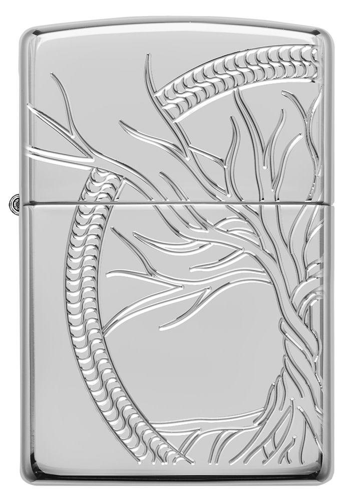 Front view of ArmorÂ® High Polish Sterling Silver Tree of Life Windproof Lighter
