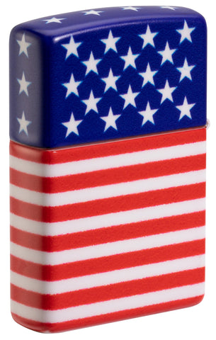 Back shot of Zippo Stars and Stripes Flag Design 540 Color Matte Windproof Lighter standing at a 3/4 angle.