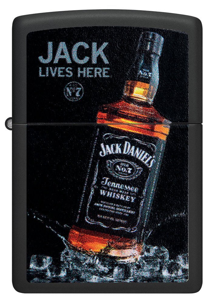 Front shot of Jack Daniel's Jack Lives Here Black Matte Windproof Lighter.