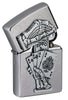 Angle shot of Dead Mans Hand Surprise Emblem Design Street Chrome™ Windproof Lighter with the lid slightly opened, showing the surprise emblem inside.