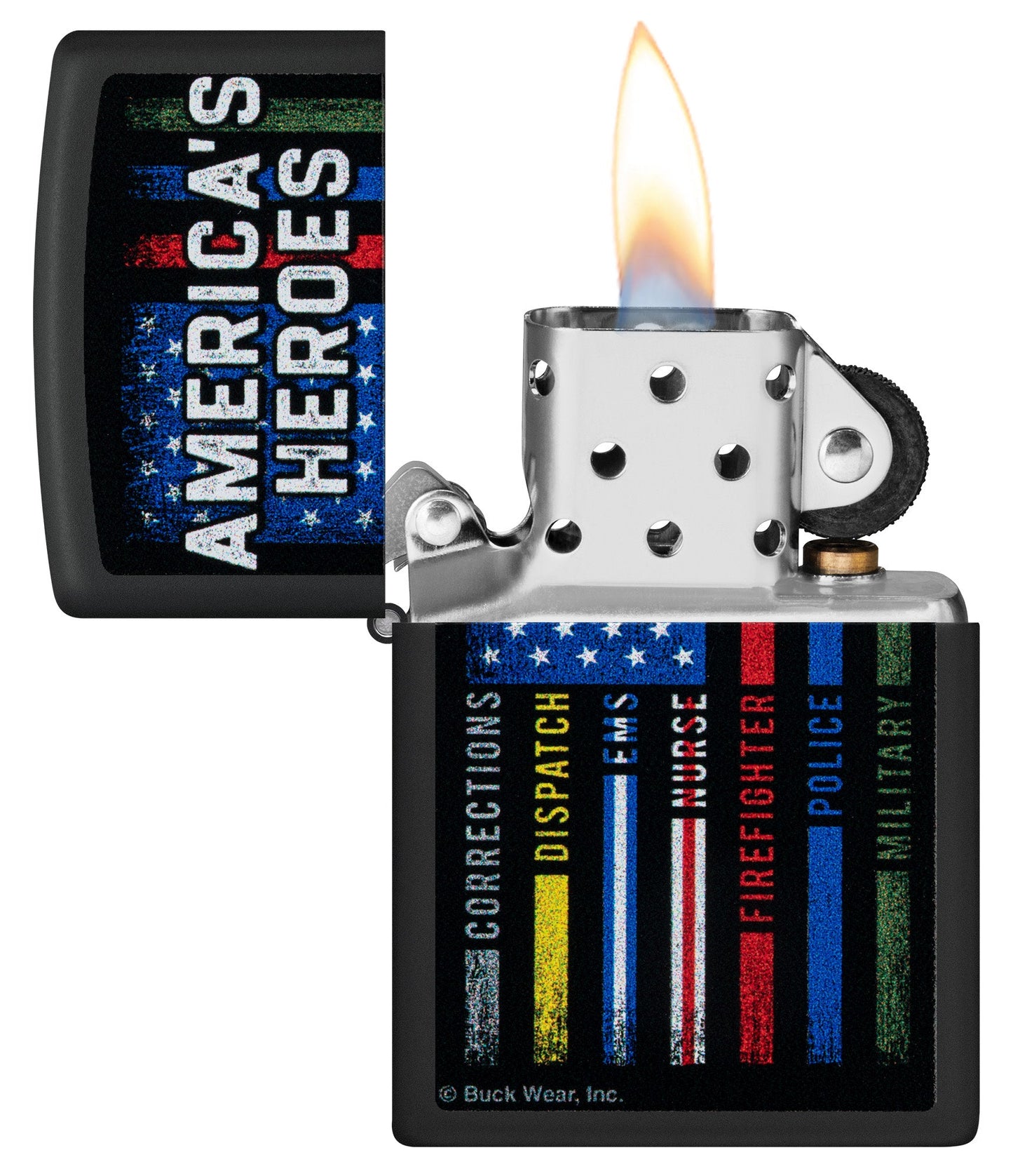 Zippo Buckwear America's Heroes Design Black Matte Windproof Lighter with its lid open and lit.