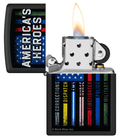 Zippo Buckwear America's Heroes Design Black Matte Windproof Lighter with its lid open and lit.