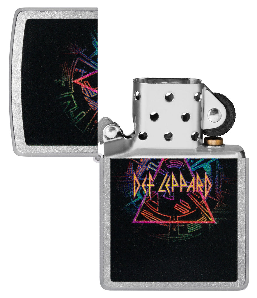 Def Leppard Design Street Chrome™ Windproof Lighter with its lid open and unlit.