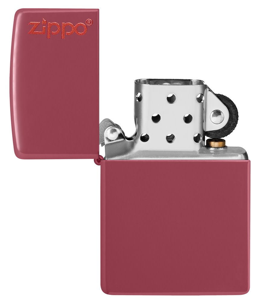 Classic Brick Zippo Logo Windproof Lighter with its lid open and unlit.