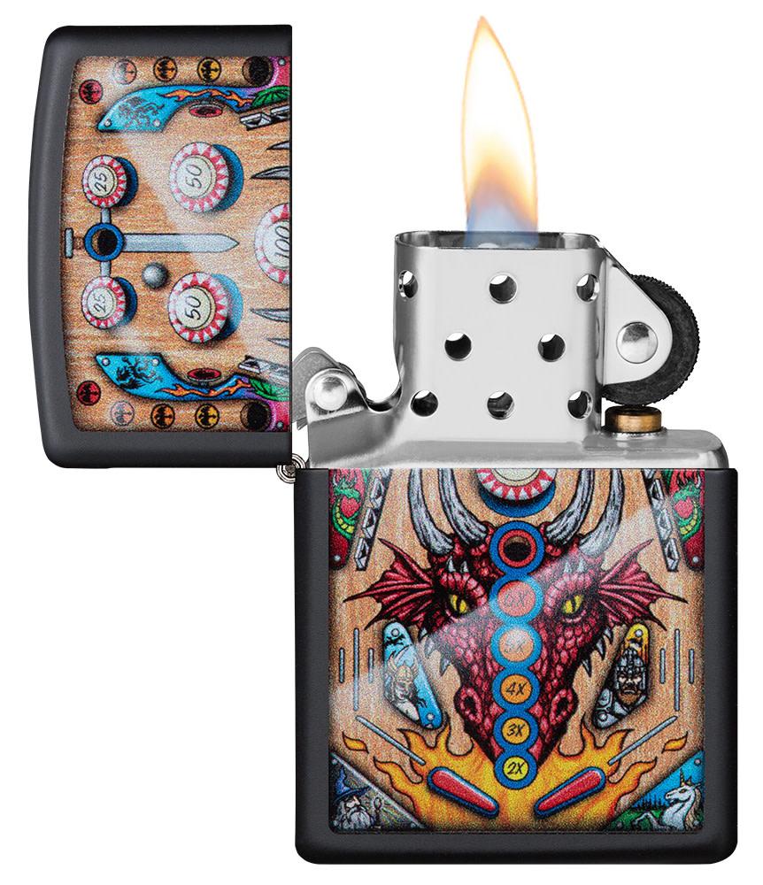 Dragon Pinball Design Black Matte Windproof Lighter with its lid open and lit
