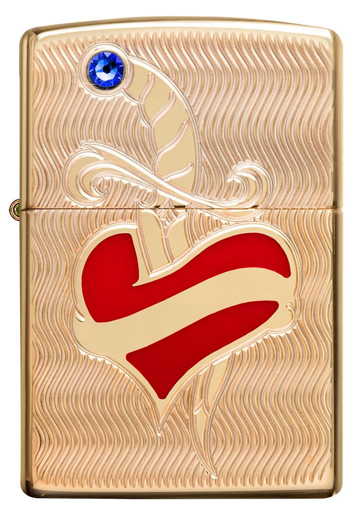 Front shot of Heart and Sword Design High Polish Brass Windproof Lighter