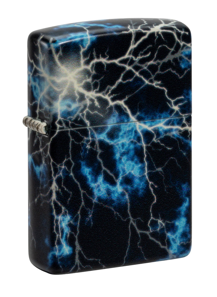 Front shot of Zippo Lightning Design Glow in the Dark 540 Color Windproof Lighter standing at a 3/4 angle.