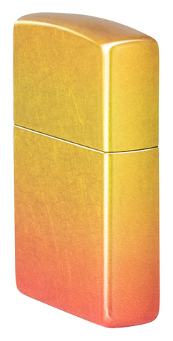 Ombre Orange Yellow 540 Fusion Windproof Lighter standing at an angle, showing the front and right side of the lighter.