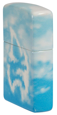 Angled shot of Cloudy Sky Design 540 Color Windproof Lighter, showing the back and hinge side of the lighter.
