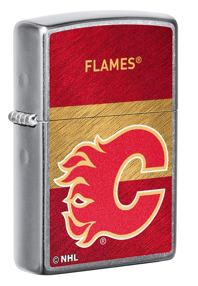 Front shot of NHL® Calgary Flames Street Chrome™ Windproof Lighter standing at a 3/4 angle