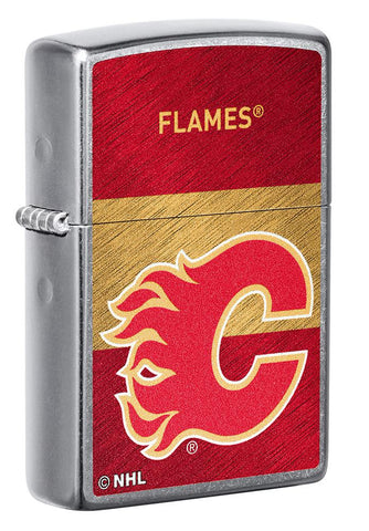 Front shot of NHL® Calgary Flames Street Chrome™ Windproof Lighter standing at a 3/4 angle
