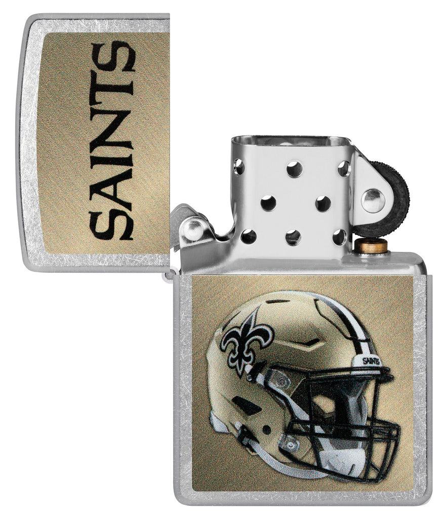 NFL New Orleans Saints Helmet Street Chrome Windproof Lighter with its lid open and unlit.