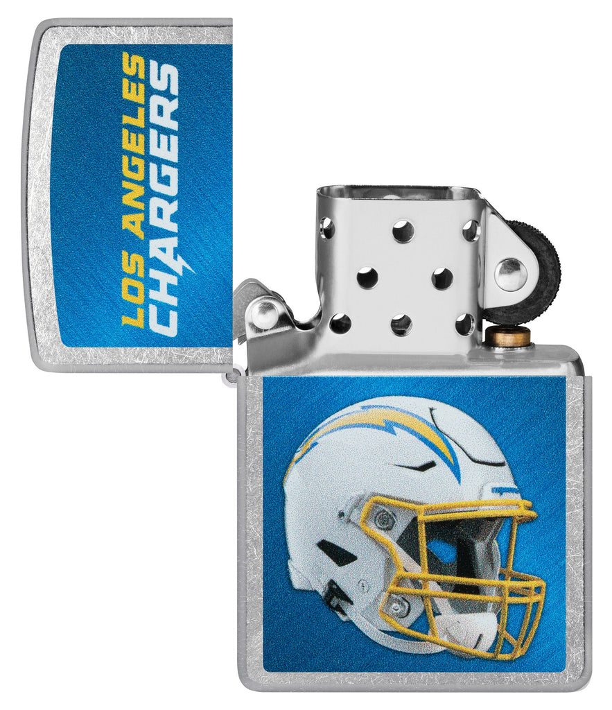 NFL Los Angeles Chargers Helmet Street Chrome Windproof Lighter with its lid open and unlit.