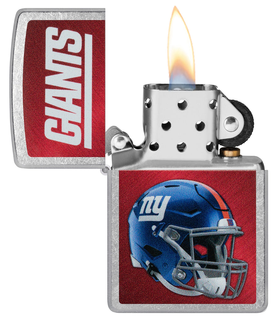 NFL New York Giants Helmet Street Chrome Windproof Lighter with its lid open and lit.