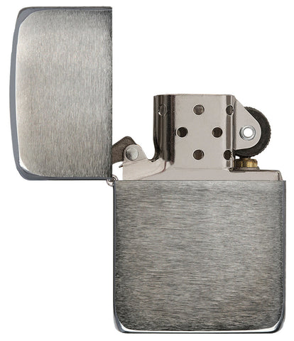 Front view of the Black Ice, 1941 Replica Case Lighter open and unlit.