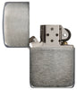Front view of the Black Ice, 1941 Replica Case Lighter open and unlit.