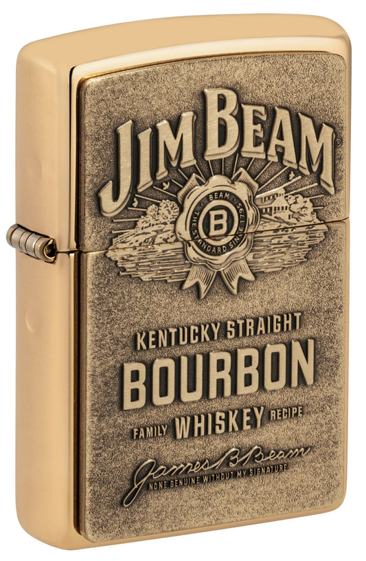 Jim Beam Bronze Bourbon Whiskey Emblem High Polish Brass Windproof Lighter 3/4 View