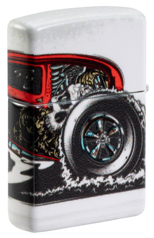 Back shot of Zippo Hot Rod Design 540 Color Matte Windproof Lighter standing at a 3/4 angle.