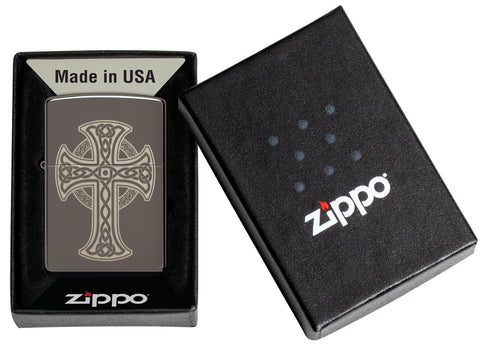 Zippo Laser Engraved Celtic Cross Design Black Ice Windproof Lighter in its packaging.