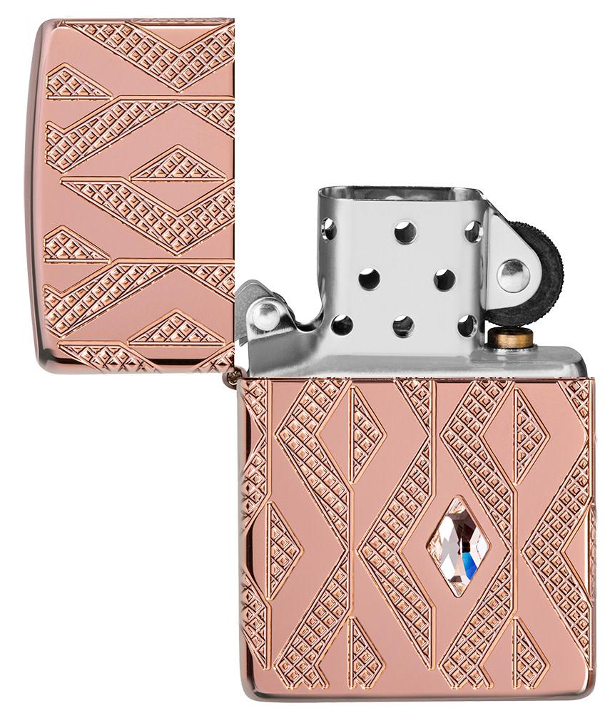 Geometric Diamond Pattern Design Armor® Rose Gold Windproof Lighter with its lid open and unlit.