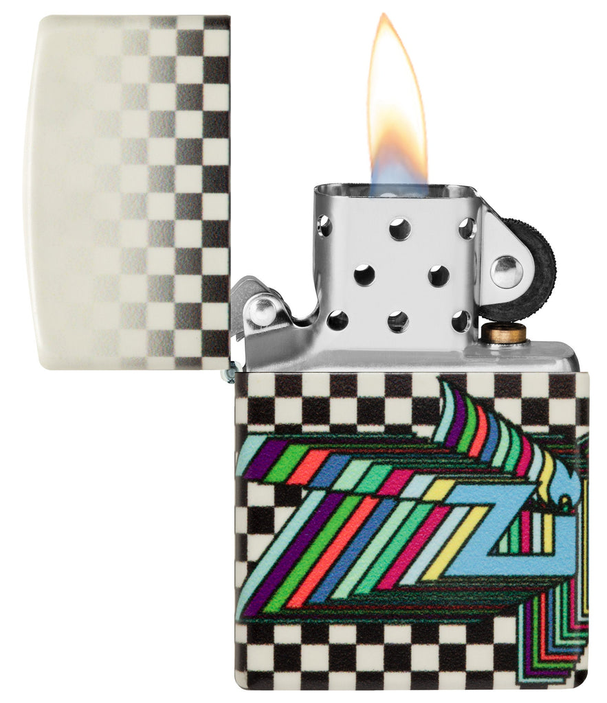 Zippo Nostalgia Design 540 Color Glow in the Dark Windproof Lighter with its lid open and lit.