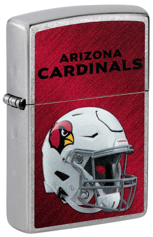 Front shot of NFL Arizona Cardinals Helmet Street Chrome Windproof Lighter standing at a 3/4 angle.