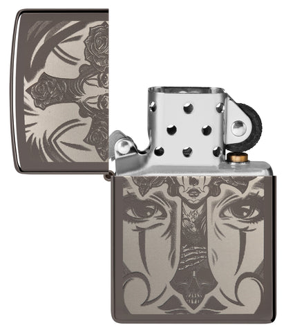 Day of the Dead Skull Cross Design Black Ice Windproof Lighter with its lid open and unlit.