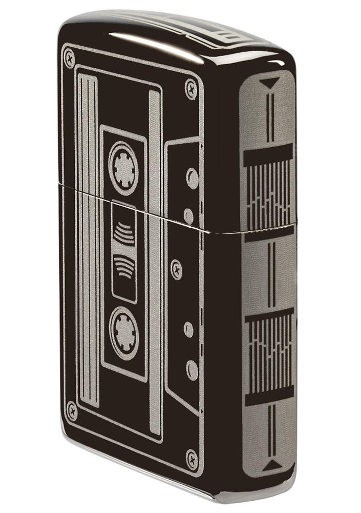 Front angle view of Cassette Tape Black IceÂ® Windproof Lighter, showing the right side of the lighter