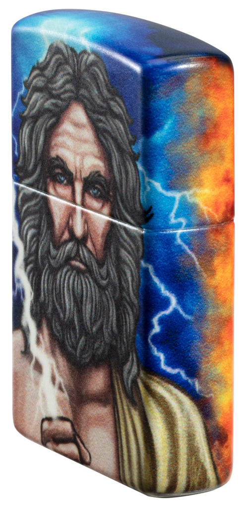 Angled shot of Greek God Clash Design Glow in the Dark 540 Color Windproof Lighter, showing the front and right side of the lighter.