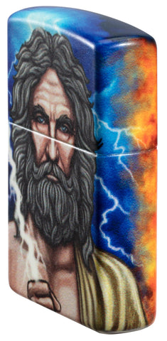Angled shot of Greek God Clash Design Glow in the Dark 540 Color Windproof Lighter, showing the front and right side of the lighter.