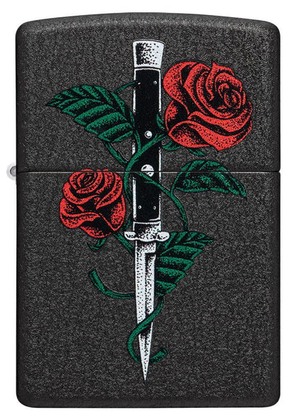 Front shot of Rose Dagger Tattoo Design Black CrackleÂ® Windproof Lighter.
