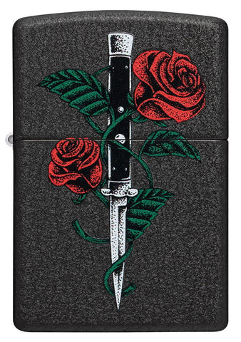Front shot of Rose Dagger Tattoo Design Black Crackle® Windproof Lighter.