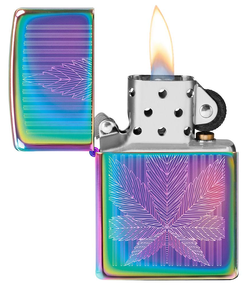 Cannabis Leaf Design Multi Color Windproof Lighter with its lid open and lit.