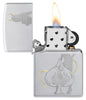 Zippo Devilish Ace Design Satin Chrome Windproof Lighter with its lid open and lit.