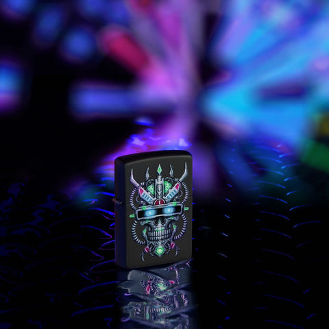 Glamour shot of Zippo Cyber Skull Design Black Matte Windproof Lighter standing in a cyber scene.