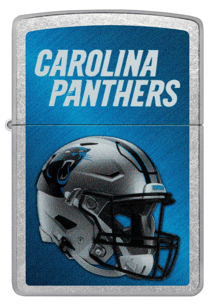 Front shot of NFL Carolina Panthers Helmet Street Chrome Windproof Lighter.