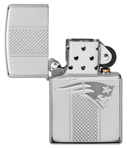 NFL New England Patriots Deep Carve Collectible Windproof Lighter with its lid open and unlit