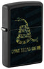 Front shot of Zippo Don't Tread On Me Snake and Flag Black Matte Windproof Lighter standing at a 3/4 angle.