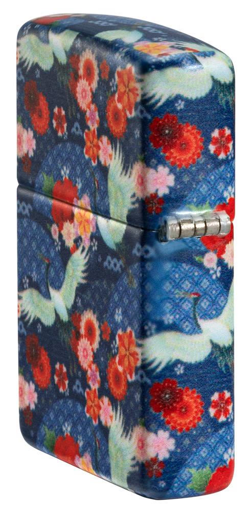 Kimono Design 540 Color Windproof Lighter standing at an angle, showing the back and hinge side of the lighter.